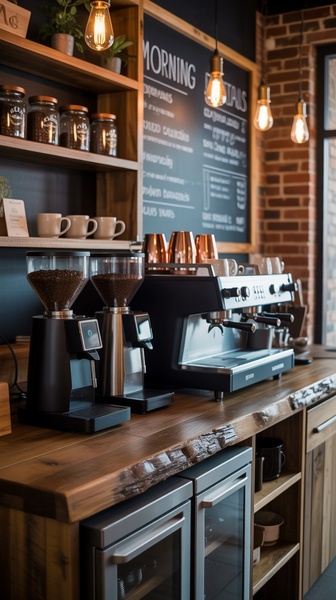 espresso machine, coffee grinder, coffee beans, espresso maker, commercial coffee machine, brand awareness, lifestyle, calm, luxurious, brown, neutral